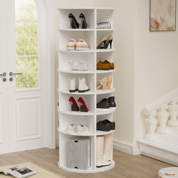 Noble House 7-Tier Rotating Shoe Rack Tower, 360° Freestanding Shoe Organizer, White