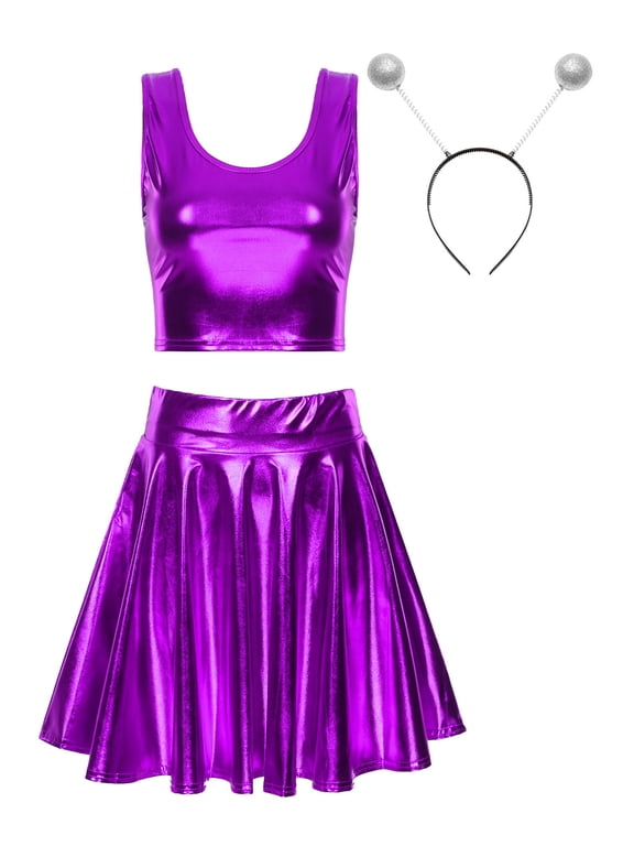 Women Alien Costume Metallic Crop Tank Top Pleated Skirt with Headband Rave Outfit Halloween Purple XL