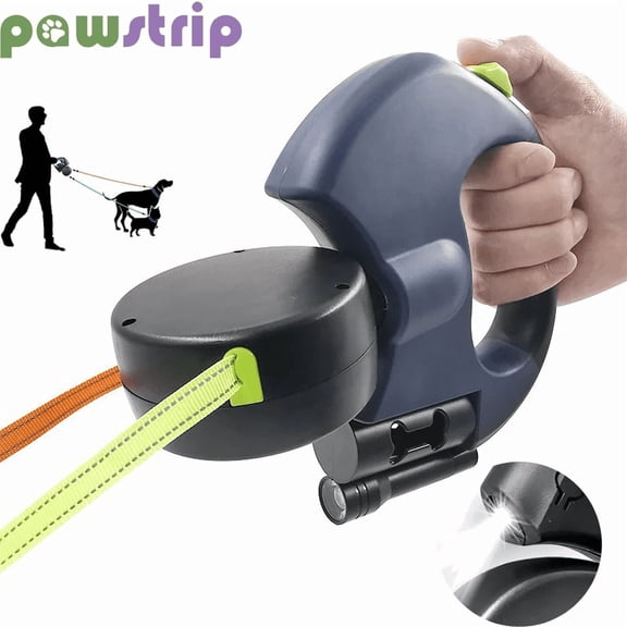 Two Dog Reflective Retractable Pet Leash Ropes – 360 Degree Zero Tangle - Two Dogs Each up to 50 lbs, Reflective Orange and Green Leads, Dual Locking, Auto Retractable with Flashlight
