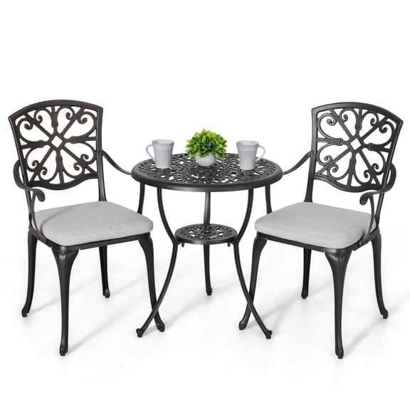 NUU GARDEN Bistro Set 3 Piece Outdoor All Weather Cast Aluminum Patio Bistro Set Patio Table and Chairs Set of 2 with Umbrella Hole and Grey Cushions for Backyard, Balcony, Lawn, B