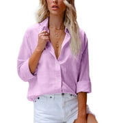 Yedate Women Button Down V Neck Shirts Long Sleeve Blouse Roll Up Cuffed Sleeve Casual Work Plain Tops with Pockets Light Purple S