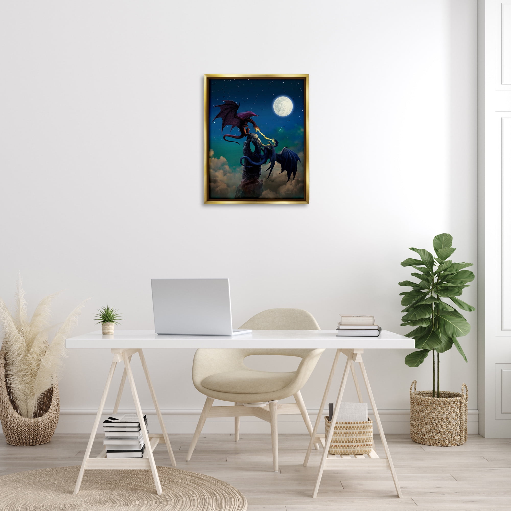 Stupell Industries Battling Dragons at Night Fairy Tales & Fantasy Painting Gold Floater Framed Canvas Art Print Wall Art, 25 x 31