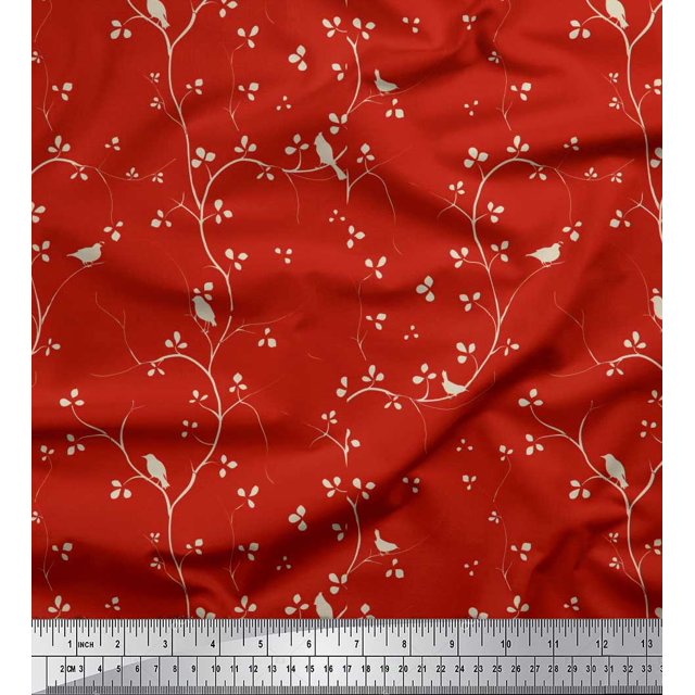 Soimoi polyester Crepe Fabric Branches,Leaves & Bird Printed Fabric 1 Yard 52 Inch Wide
