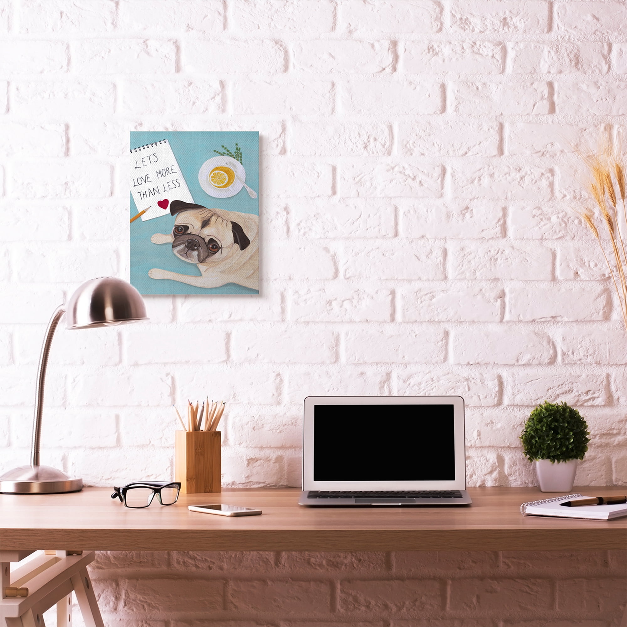 Stupell Home Décor Love More Pug with Tea Dog Painting Canvas Wall Art by Sally B