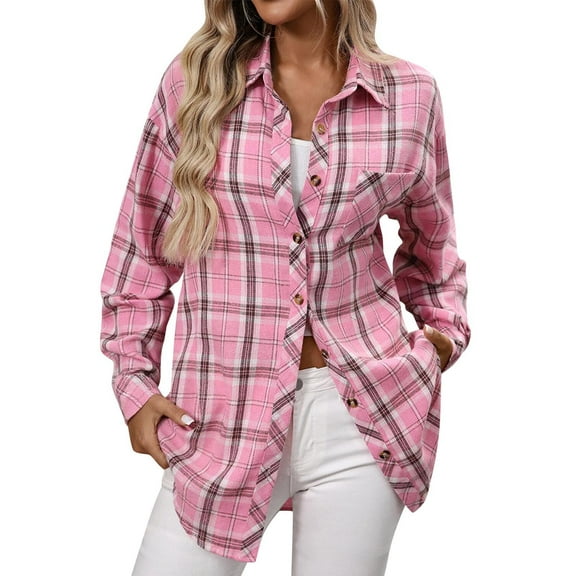 LEBONYARD Women's Plaid Style Button Casual Loose Long Sleeve Pocket Fashion 2025 Fall Jacket