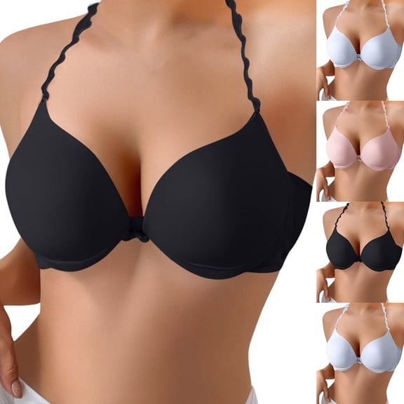 Gymayou Women Triangle Cup Thin Push Up Bra Halter Backless Bra Smooth Seamless Wireless Light Coverage Everyday Bras Black 32