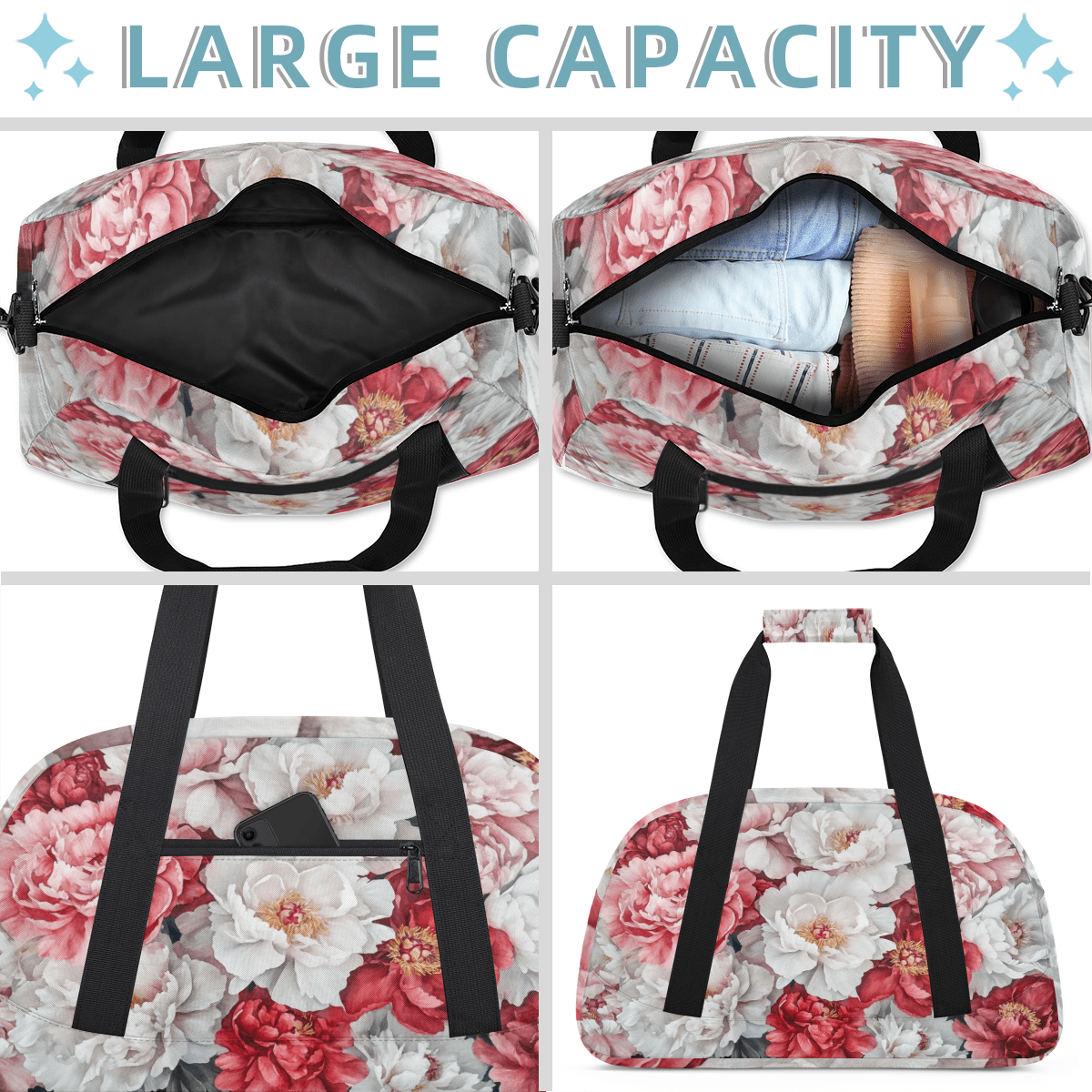 Herdesigns Flower Sports Duffle Bags Travel Duffle Bag Gym Bag Floral Weekender Travel Bag Waterproof Overnight Bag Carry On Travel Tote Bag Dance Bags