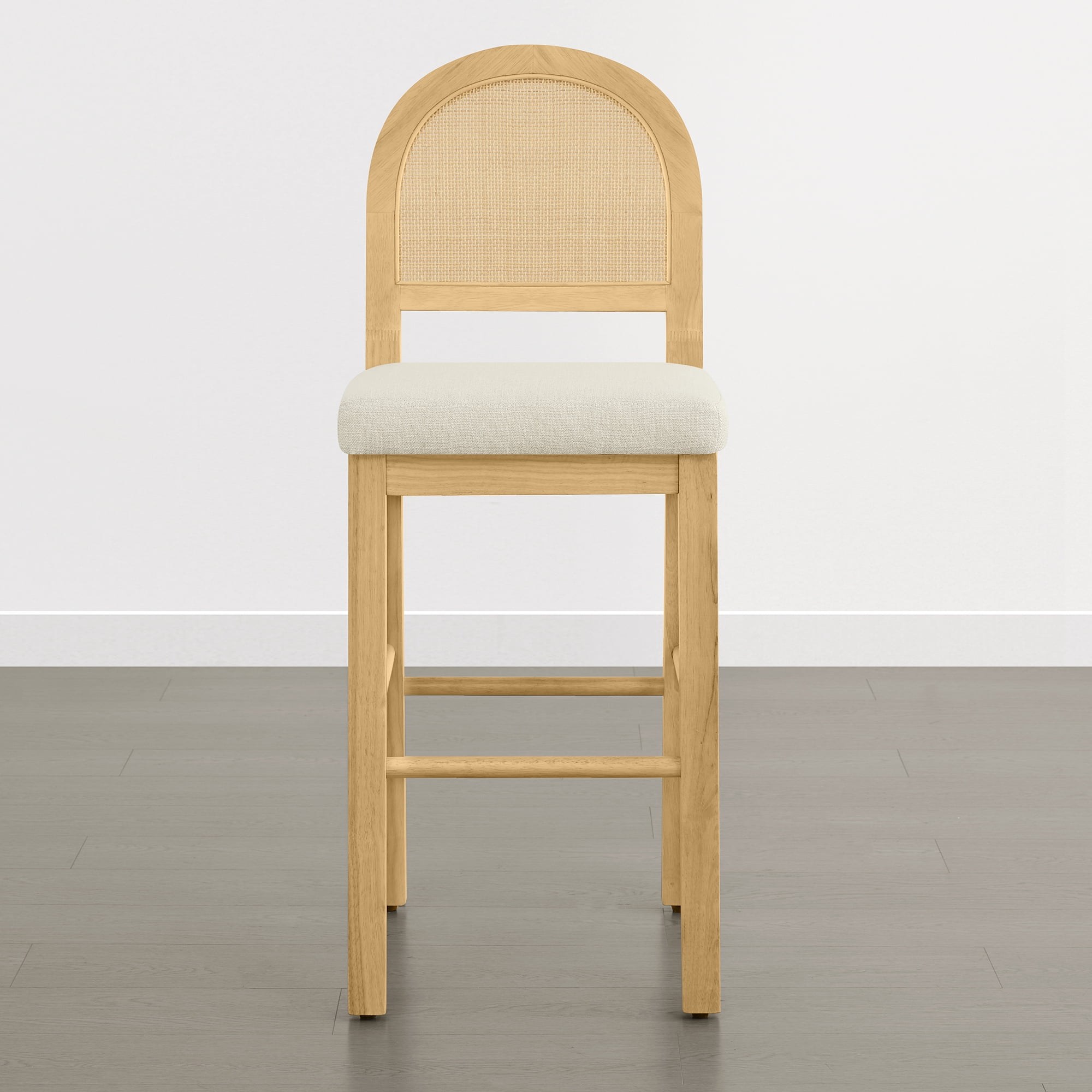 Spruce & Spring 30" Rattan Bar Height Bar Stools Set of 2 with Upholstered Seat, Natural Wood Frame for Kitchen Island, Cream Fabric