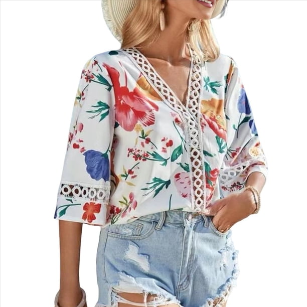Camiseta de Verano para Mujer, Elegante, Informal, con Mangas 3/4, Cuello en V, Estilo Étnico Bohemio y Estampado Acampanado. y Rojo XL