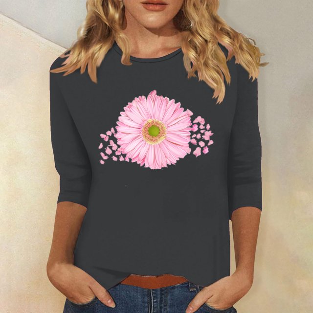 Jienlioq Hauts pour Femmes Tendance T-Shirt Décontracté Imprimé Col Rond Manches 3/4 Offres Cyberlundi