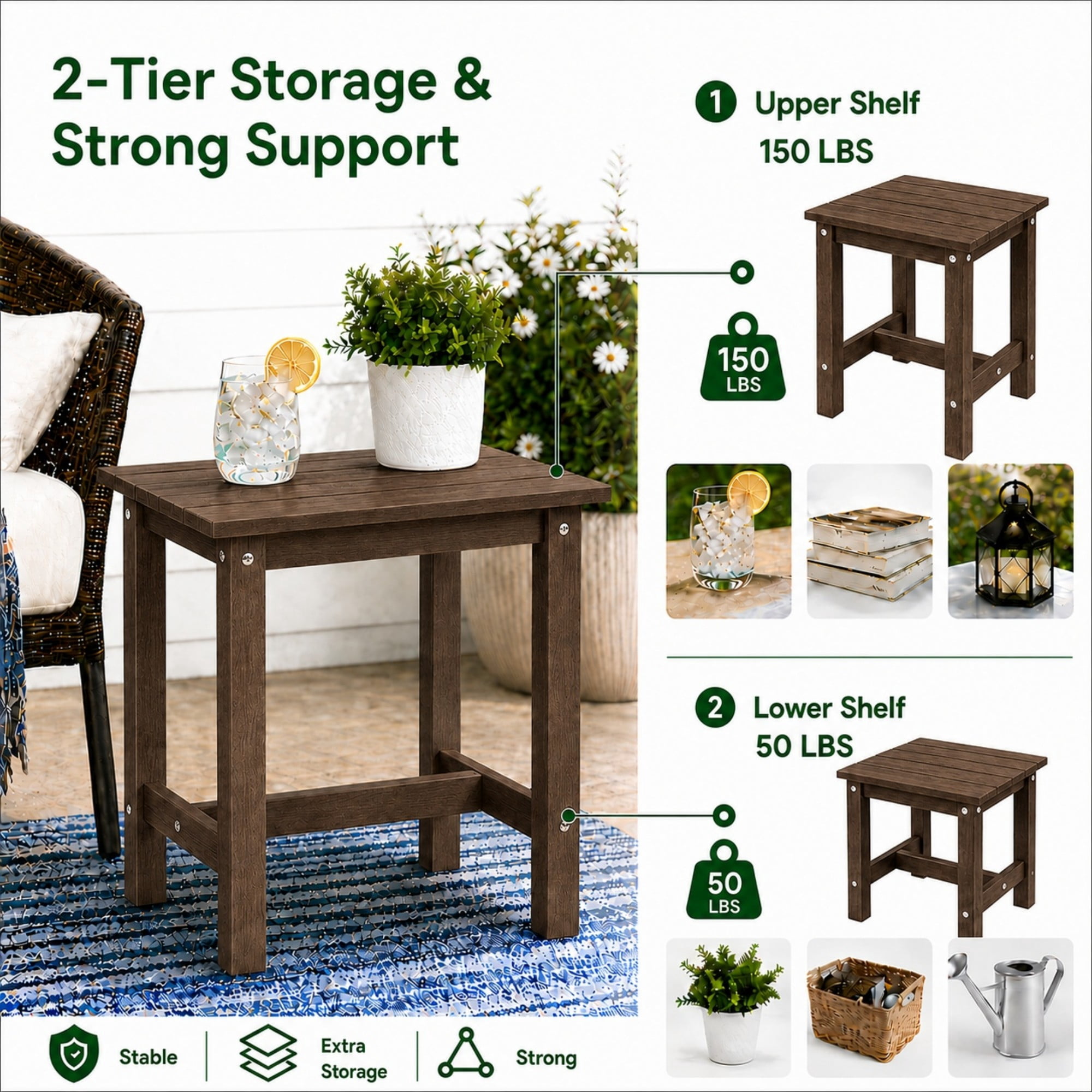 Y&M Outdoor Side Table, HDPE Patio End Table for Adirondack Chair, Weather Resistant Small Accent Table, Coffee, 2 Pack