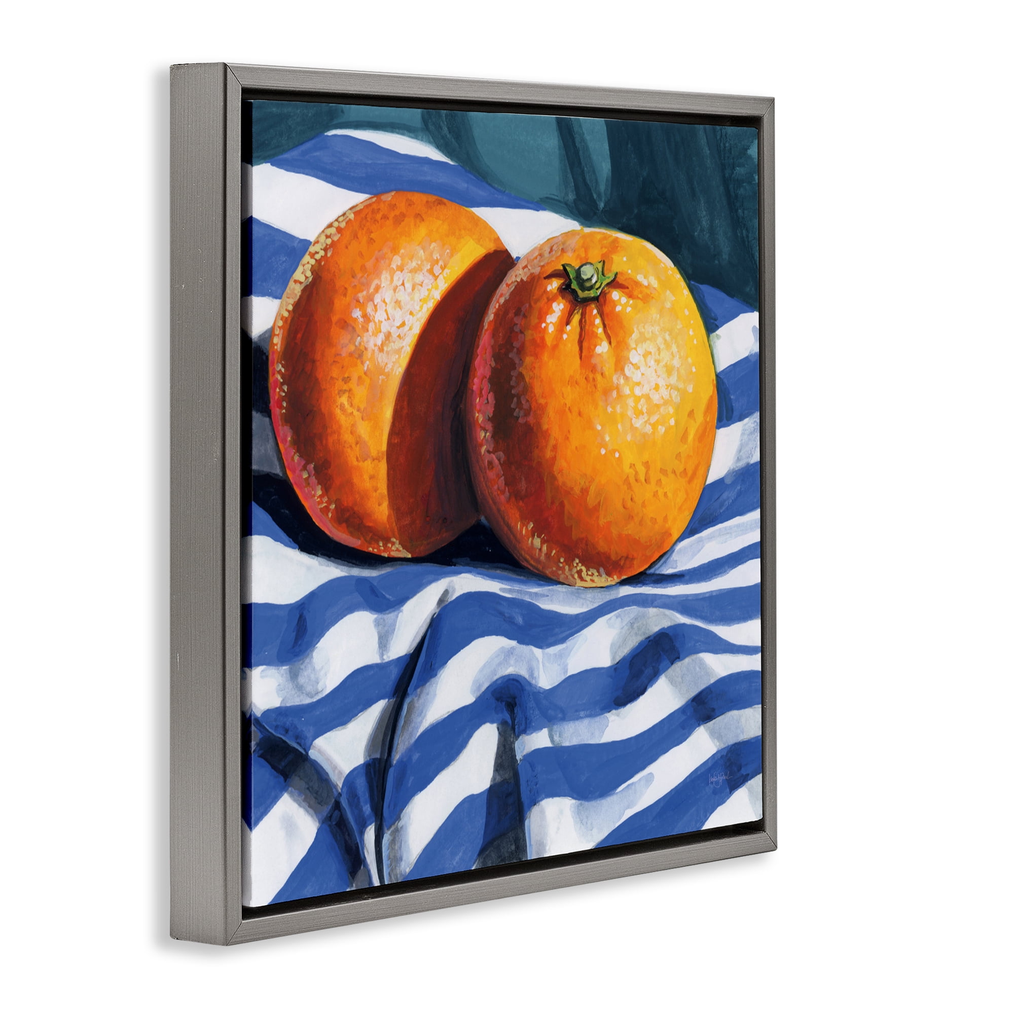 Stupell Industries Oranges On Striped Cloth Gray Framed Floater Canvas Wall Art, design by Kate Jarvik Birch