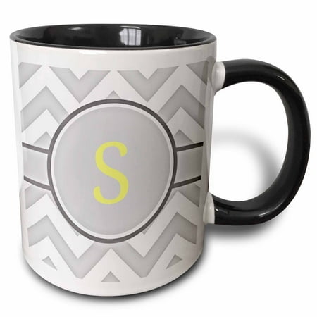 

3dRose Grey and white chevron with yellow monogram initial S - Two Tone Black Mug 11-ounce