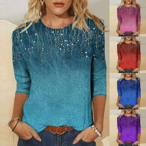 CYMMPU Spring Tops Crew Neck 3/4 Sleeve Floral Printed Summer Fashion Shirts Blouses for Women Dressy Casual Loose Fit Tunic Tops Lightweight Basic T-Shirts Light Blue S