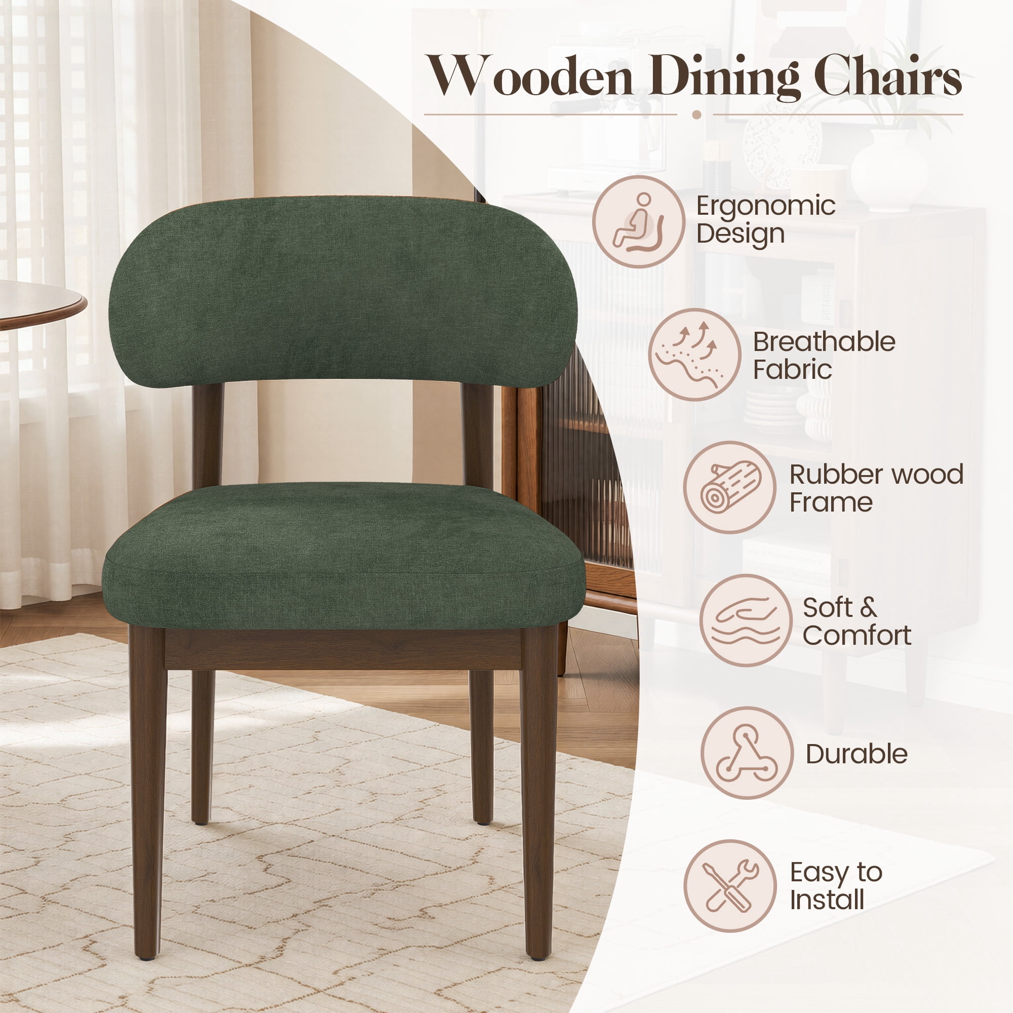 MOONMISS Dining Chair Set of 2,Upholstered Wooden Dining Chairs with Curved Back,Chenille Kitchen Side Chairs,Green