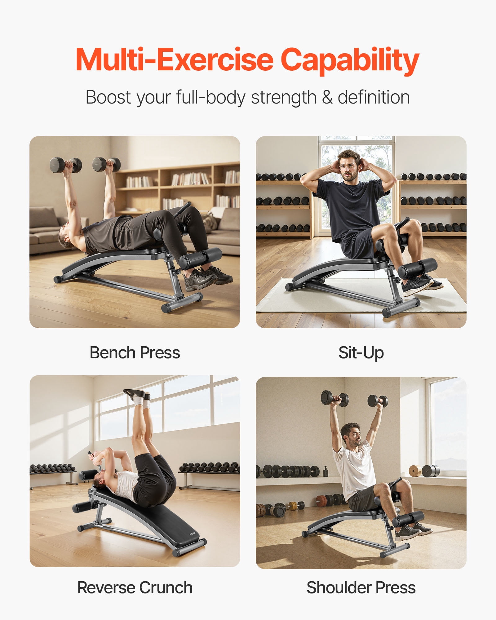 VEVOR Sit Up Bench, Curved Decline Ab Bench with Reverse Crunch Handle, with 6 Adjustable Height Setting, Heavy Duty Steel, 600 Lbs Capacity for Home Gym Workouts, Strength Training,Full Body Muscles