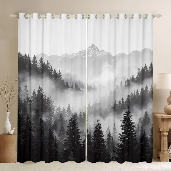 Homewish Natural Botanical Black Out Curtains,Pine Tree Curtains Pack of 2 (42x63 Each),Gray White Bedroom Curtains For Adults,Luxury Bedroom Decor