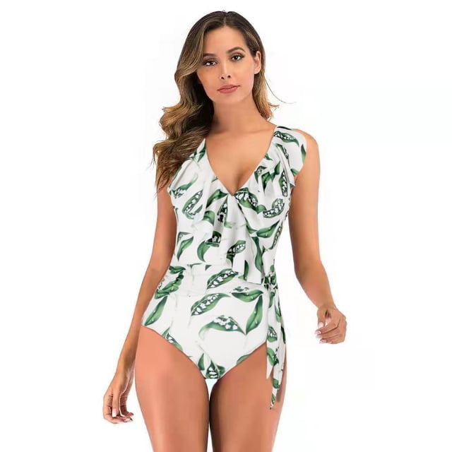 Women's Bikini Swimsuit Ruffles Two Pieces Bikini Set, Leaves XL