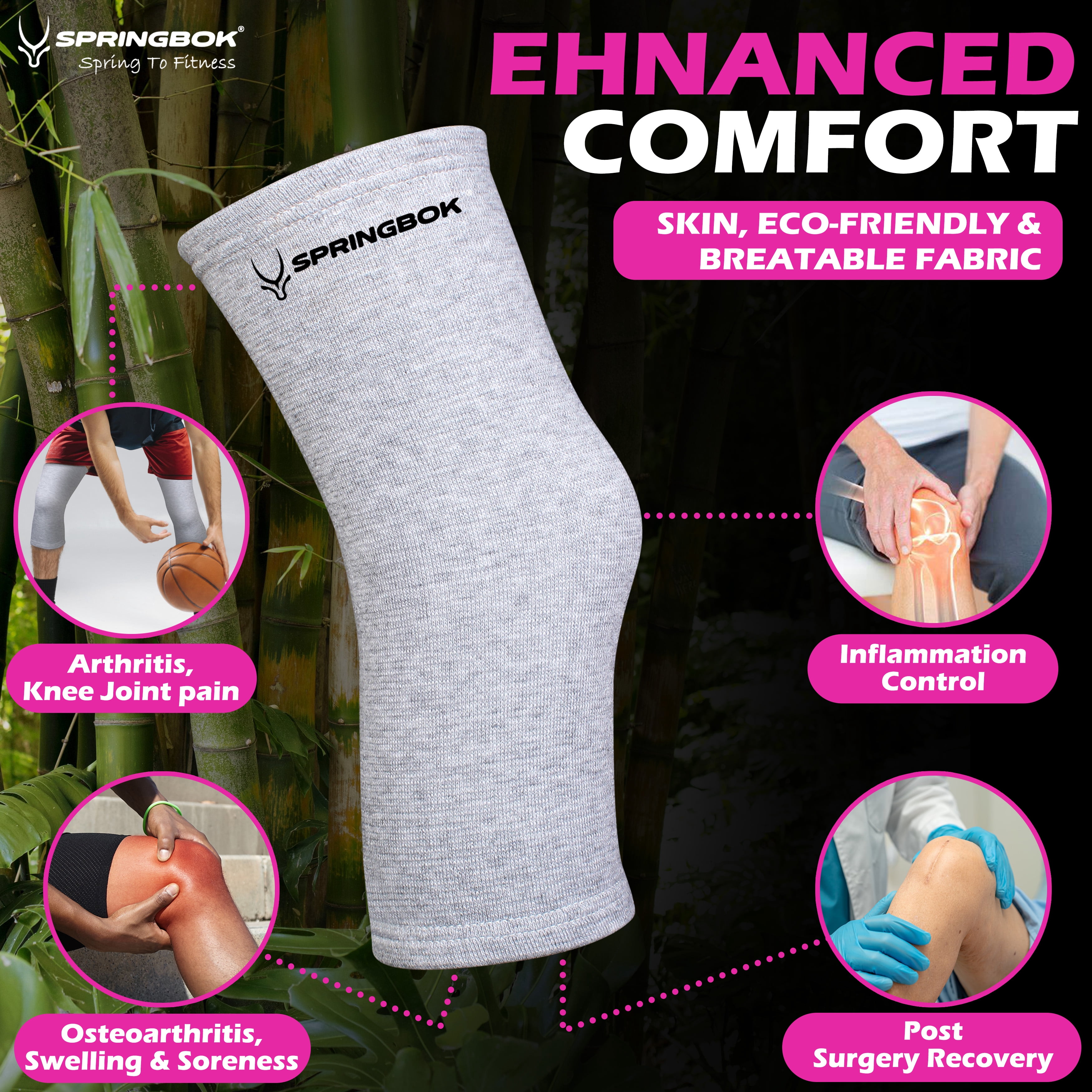 SPRINGBOK Bamboo Fabric Knee Brace  4-Way Stretch & Compression Support for Men & Women  Pain Relief & Joint Stability (1 Pair)-Large