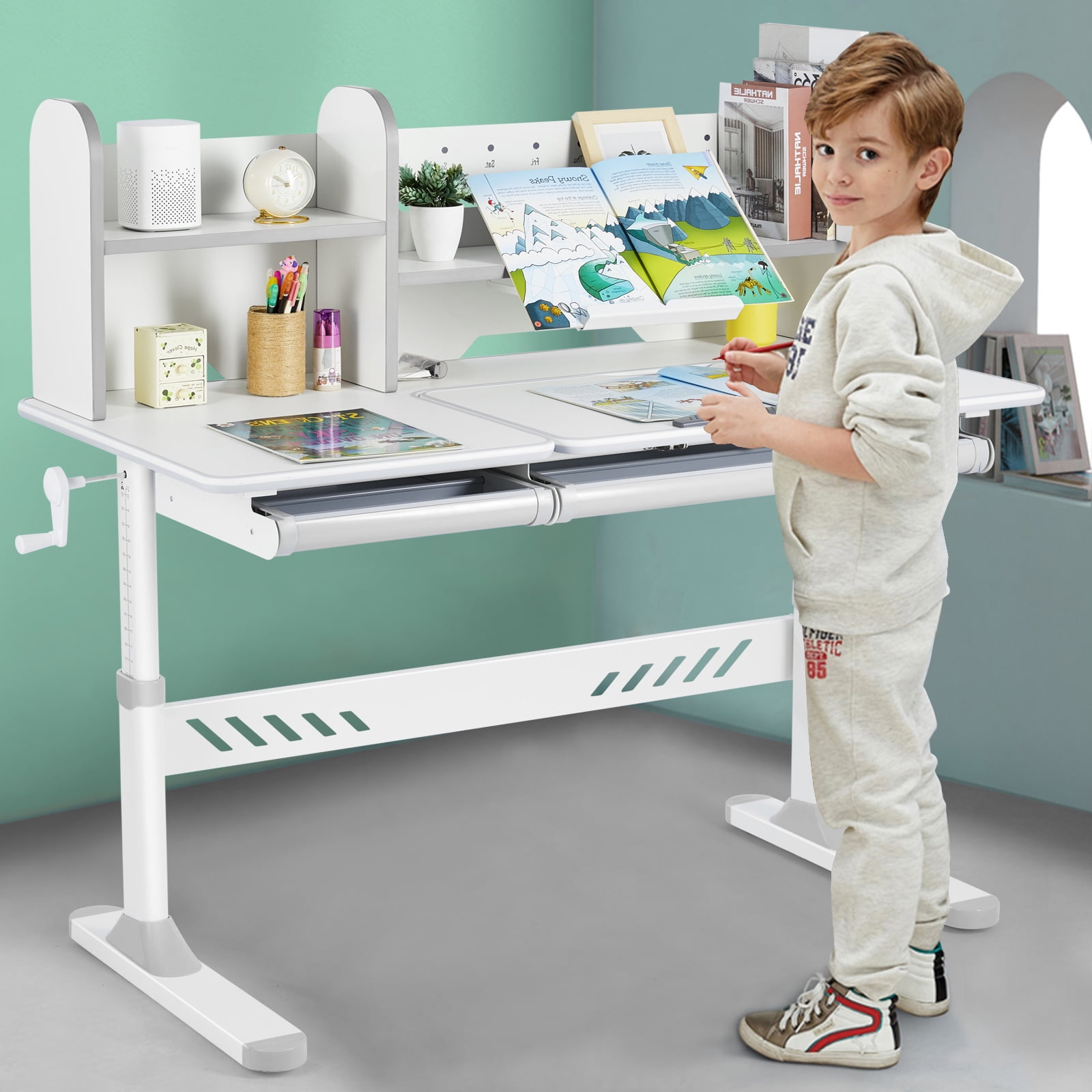 COSVALVE Ergonomic Height Adjustable Kids Study Desk and Chair Set Tilt Desktop Table Armrest Chair Boys Girls Students with Bookstand,Drawer(Gray)