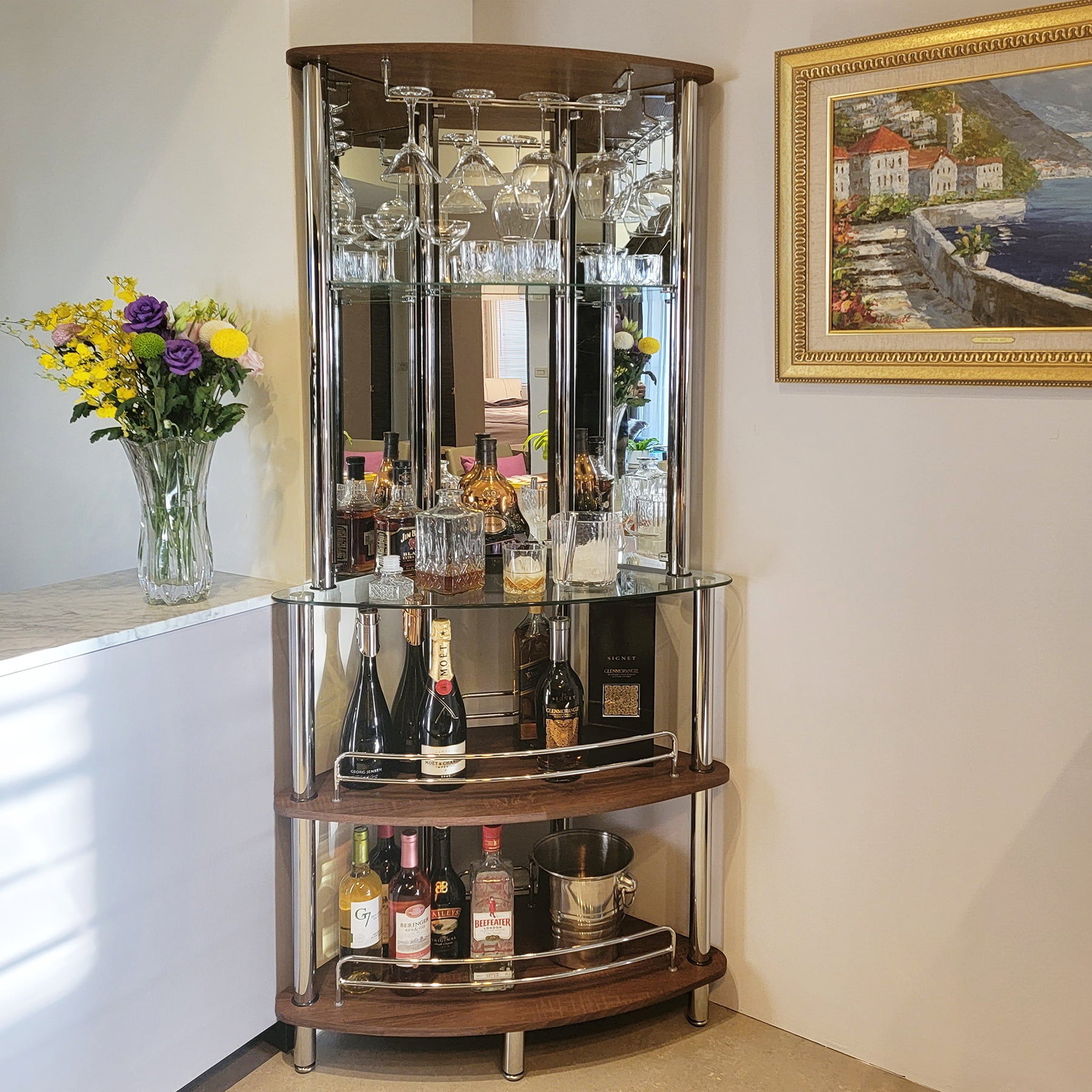 Mango Steam Modern Home Liquor Mini Bar Catalina Table For Home  (Tower Bar, Clear and Brown)