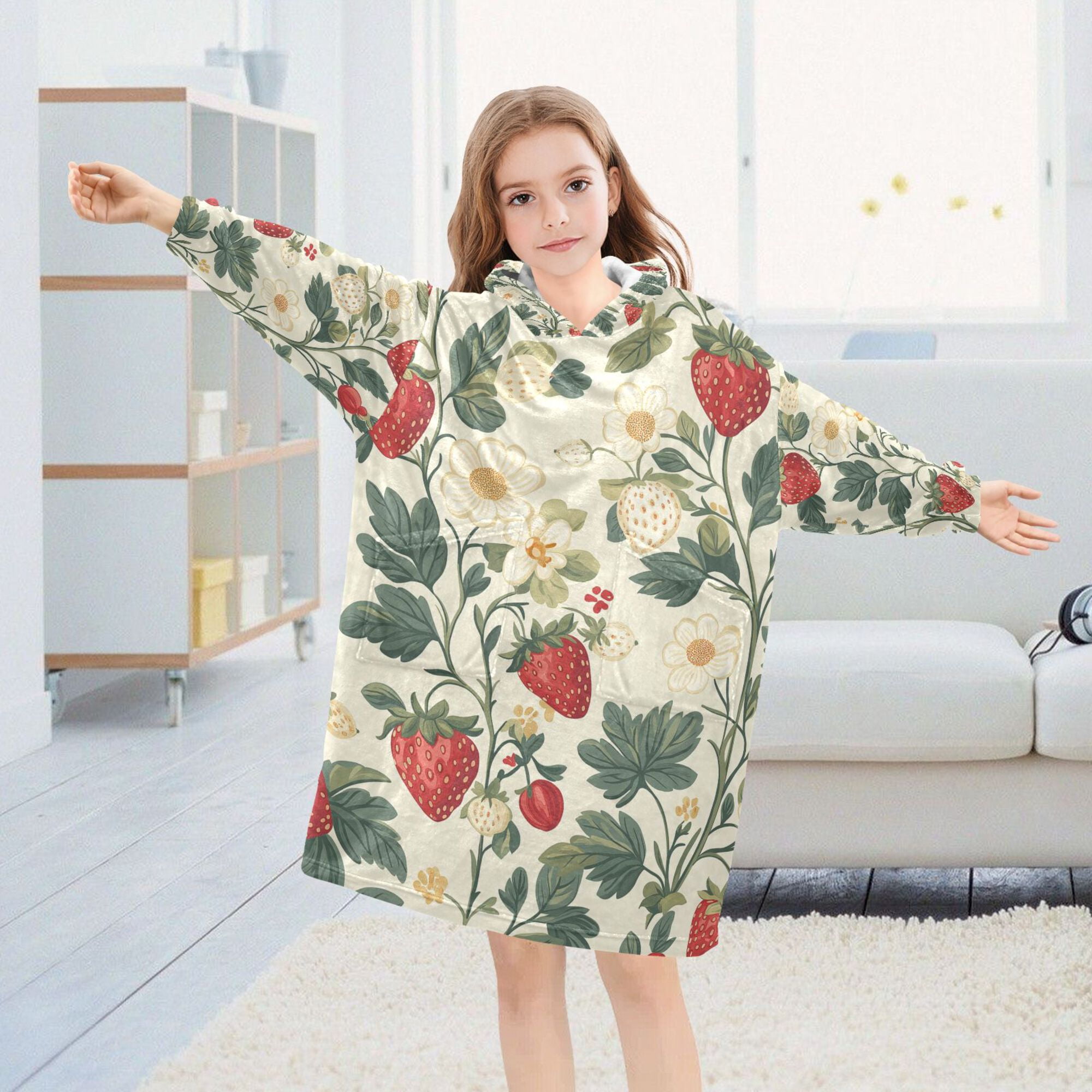 FORMRS Wearable Blanket Hoodie with Sleeves for Kids Cozy Flannel Sweatshirt, Small Strawberry Pattern