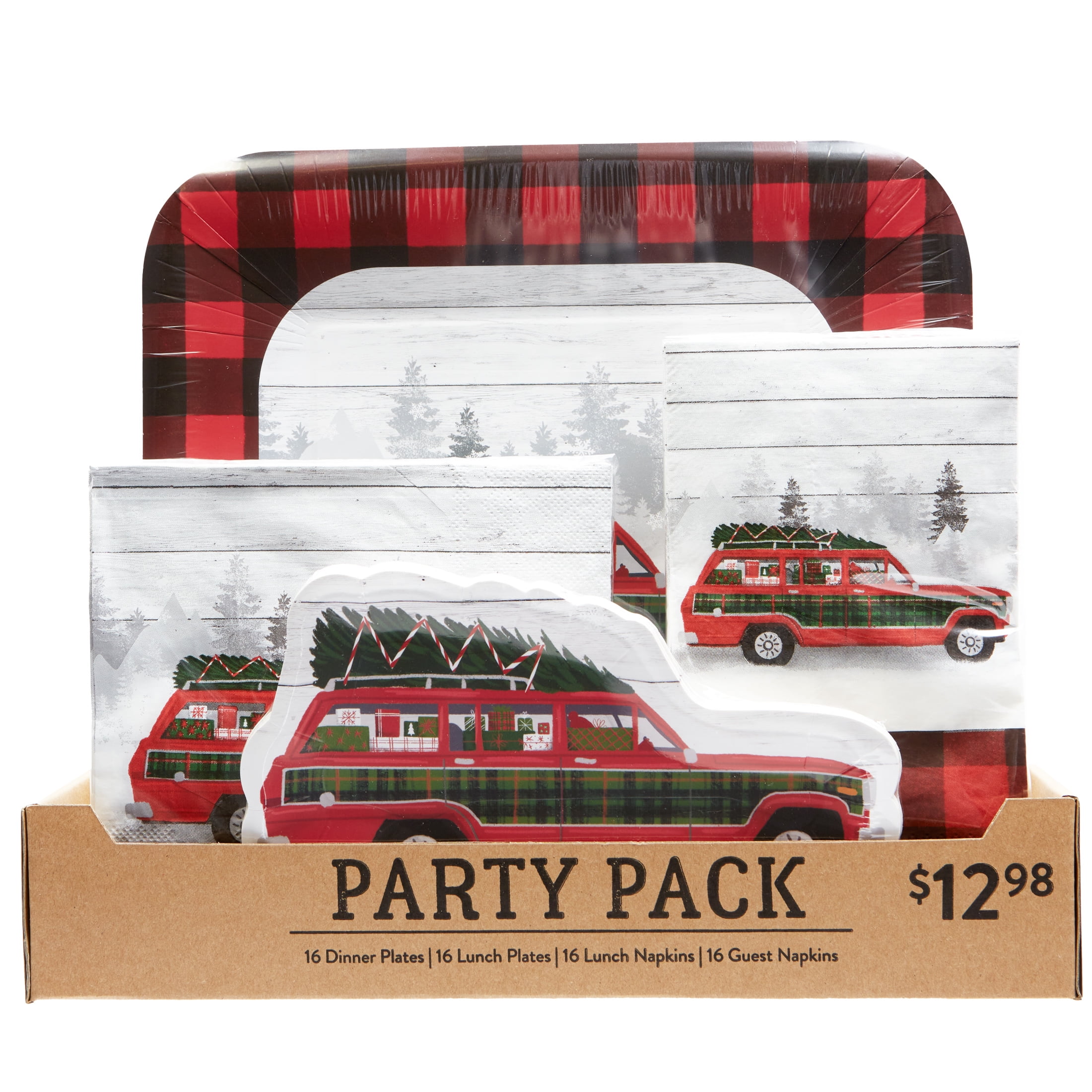 Holiday Time 64 Piece Paper Tableware Party Pack, Plates, Napkins, Happy Holidays, Plaid, Serves 16, Multi-Colored