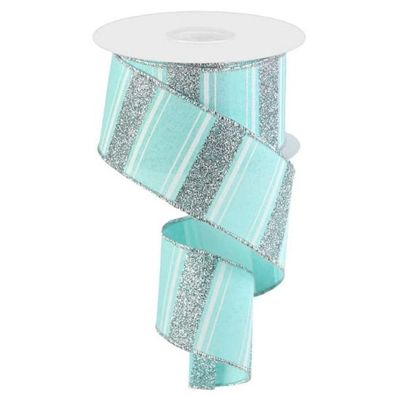 Christmas Metallic Stripe Glitter Canvas Xmas Holiday Wired Edge Ribbon : Ice Blue, White, Silver - 2.5" x 10 Yards (30 Feet)