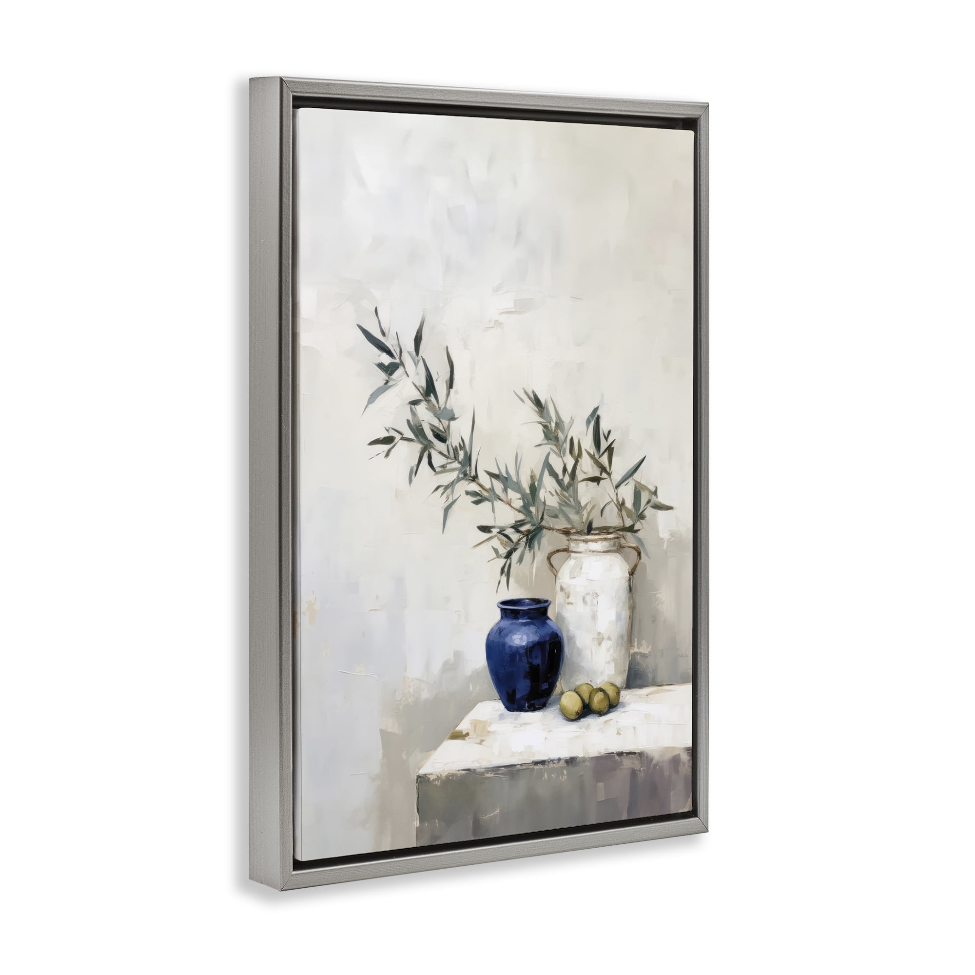 Stupell Industries Olives & Pottery Still Life Plants & Flowers Painting Gray Floater Framed Canvas Art Print Wall Art, 17 x 25