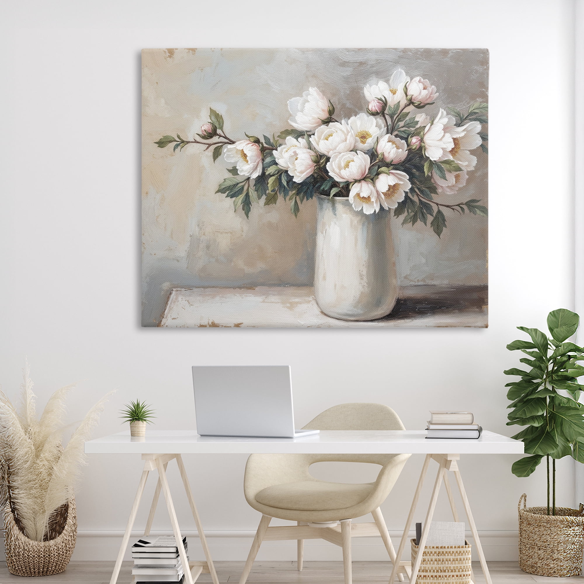 White Flowers in Vase Still Life Canvas Wall Art, design by Lettered and Lined