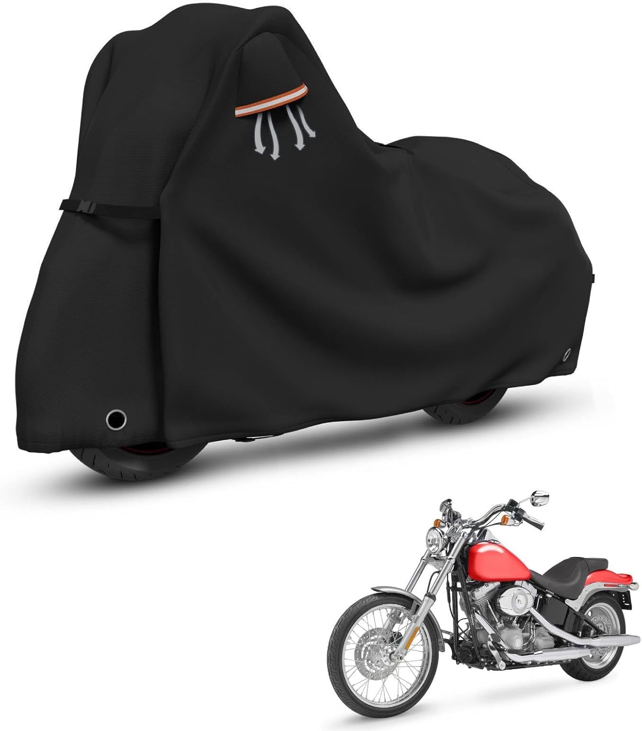 Motorcycle Cover Lock-Holes and Storage Bag All Season Universal Night Reflective Universal Heavy Duty Motorcycle Vehicle Cover-86 L x 41" W x 50" H Black