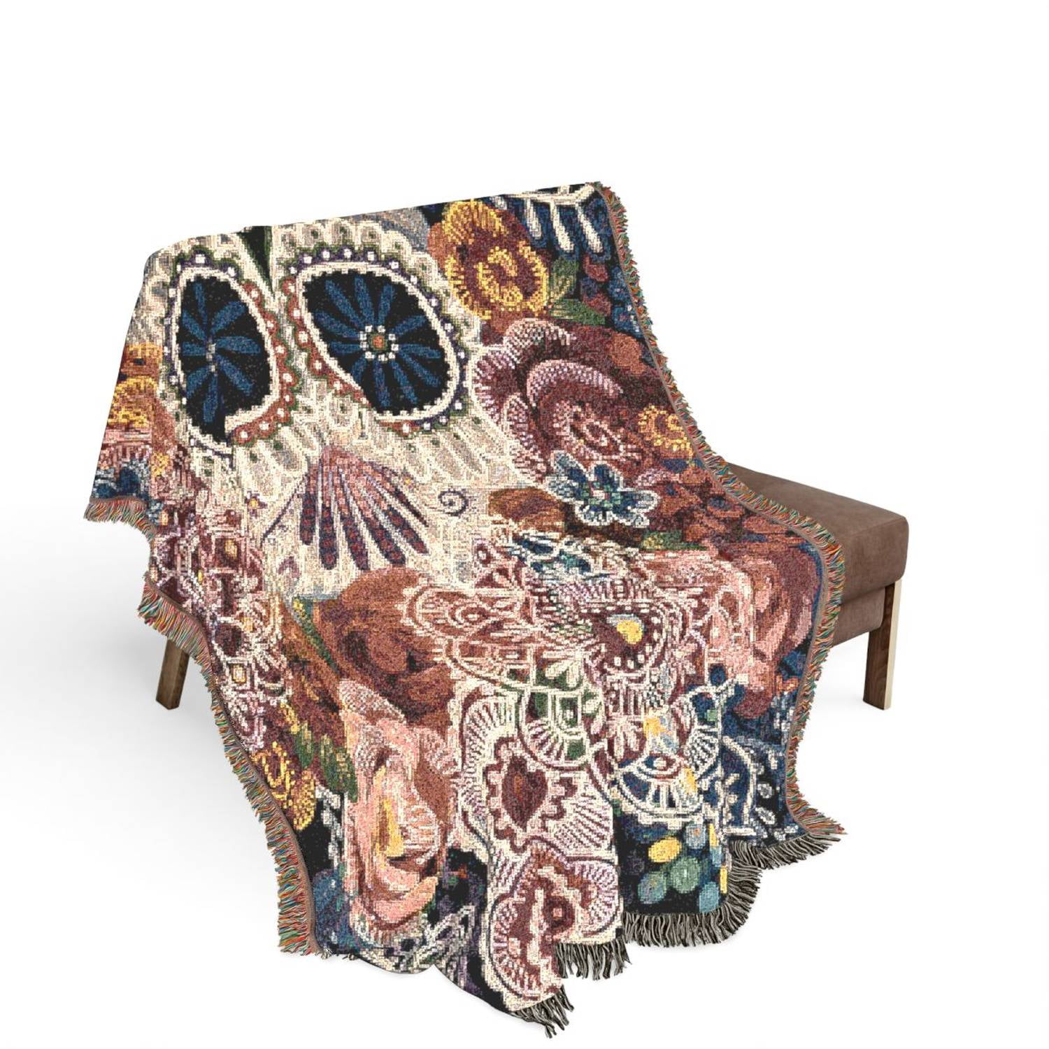 Colorful Floral Sugar Skull Woven Blanket 100% Cotton Folk Art Style for Sofa and Living Room Decor