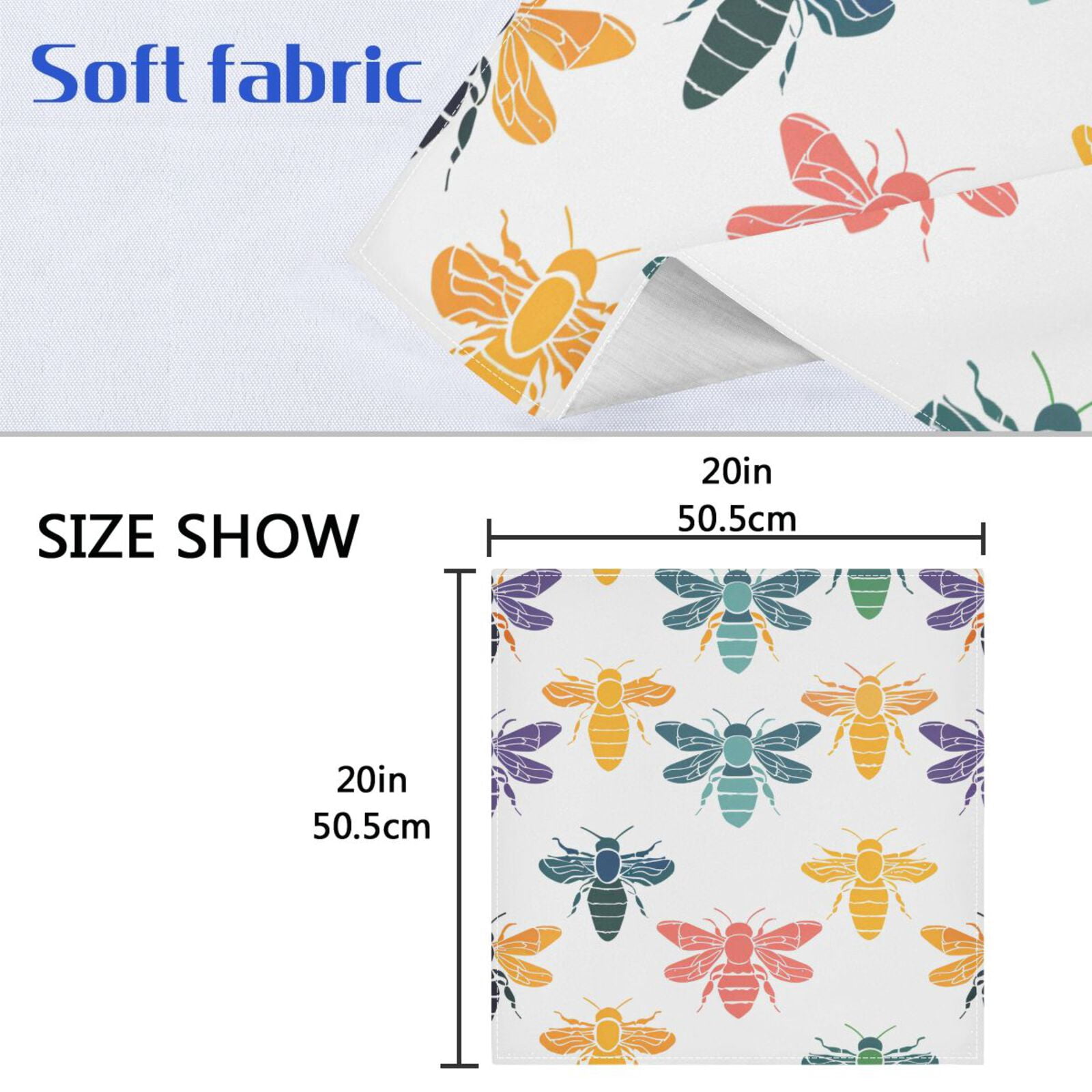 JSTEL Colorful Bee Print Cloth Napkins Set of 6, 20x20 Inch Washable and Reusable Napkin for Decoupage Dinner Party Everyday Use