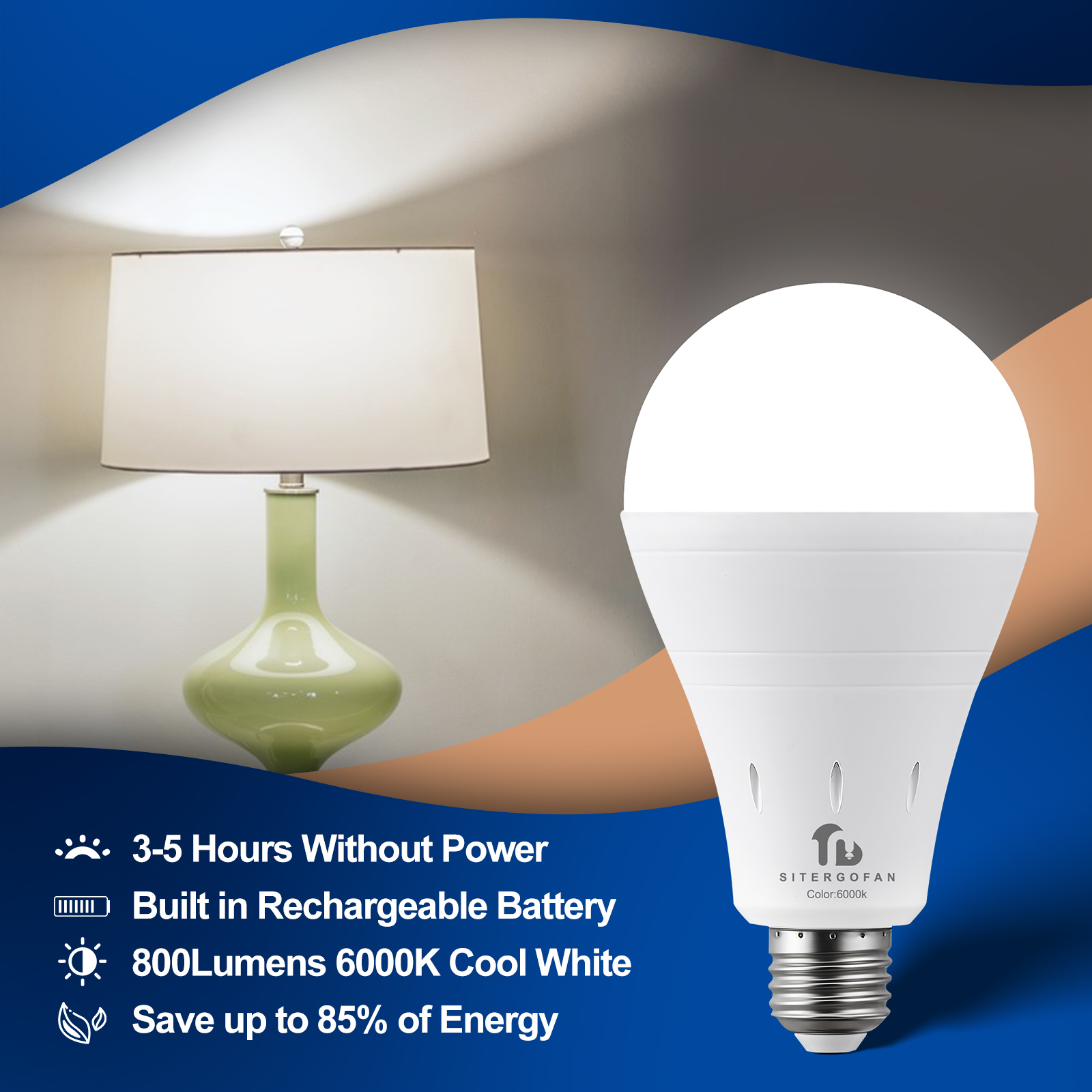 3 Pack Rechargeable Emergency Light Bulb, A19 9W Cold White 6000K Self-Charging LED Light Bulb, Up to 24 Hours Battery Backup Light Bulbs for Daily Home Emergency