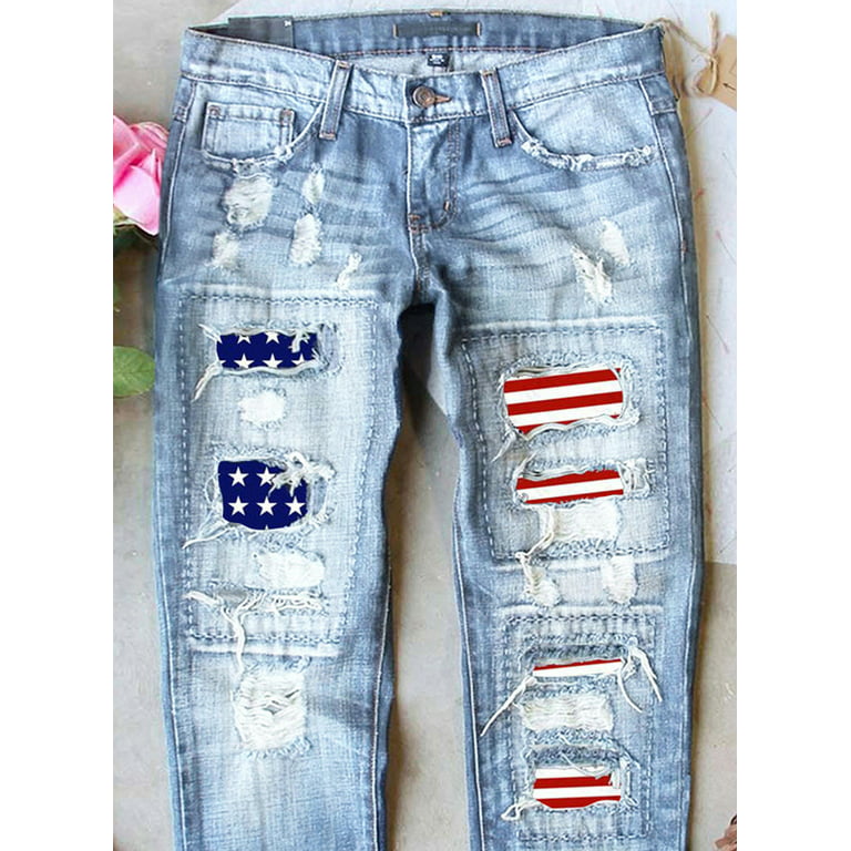 FARYSAYS American Flag Pattern Jeans Womens Blue Jeans Fashion Jeans Girls  Pants for Womens Boyfriend Jeans with Patches Denim joggers for womens  Leggings 