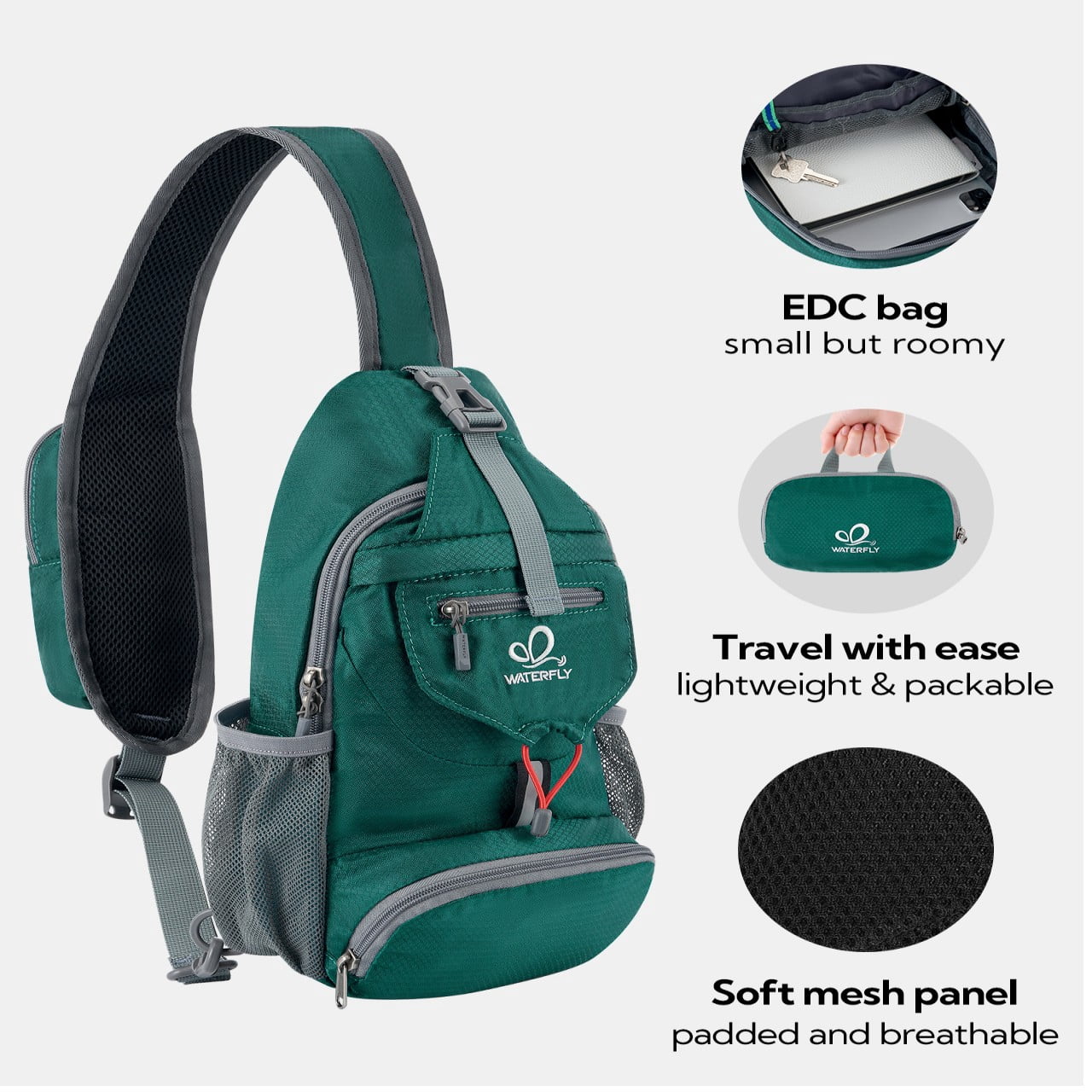 WATERFLY Unisex Small Packable Hiking Travel Sling Cross-Body Shoulder Chest Bag,Dark Green