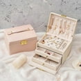 thumbnail image 1 of Organizador de joyas para mujer y niña, de piel sintética, tamaño mediano, con cerradura, con bisagras de metal, color rosa claro, 1 of 3