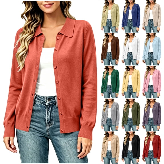 Otntypg Lightweight Thin Cardigan Sweater for Women Loose Fit Casual Fall Long Sleeve Button Down Lapel Collared Knit Sweater Tops Trendy Cozy Knitwear Shirts