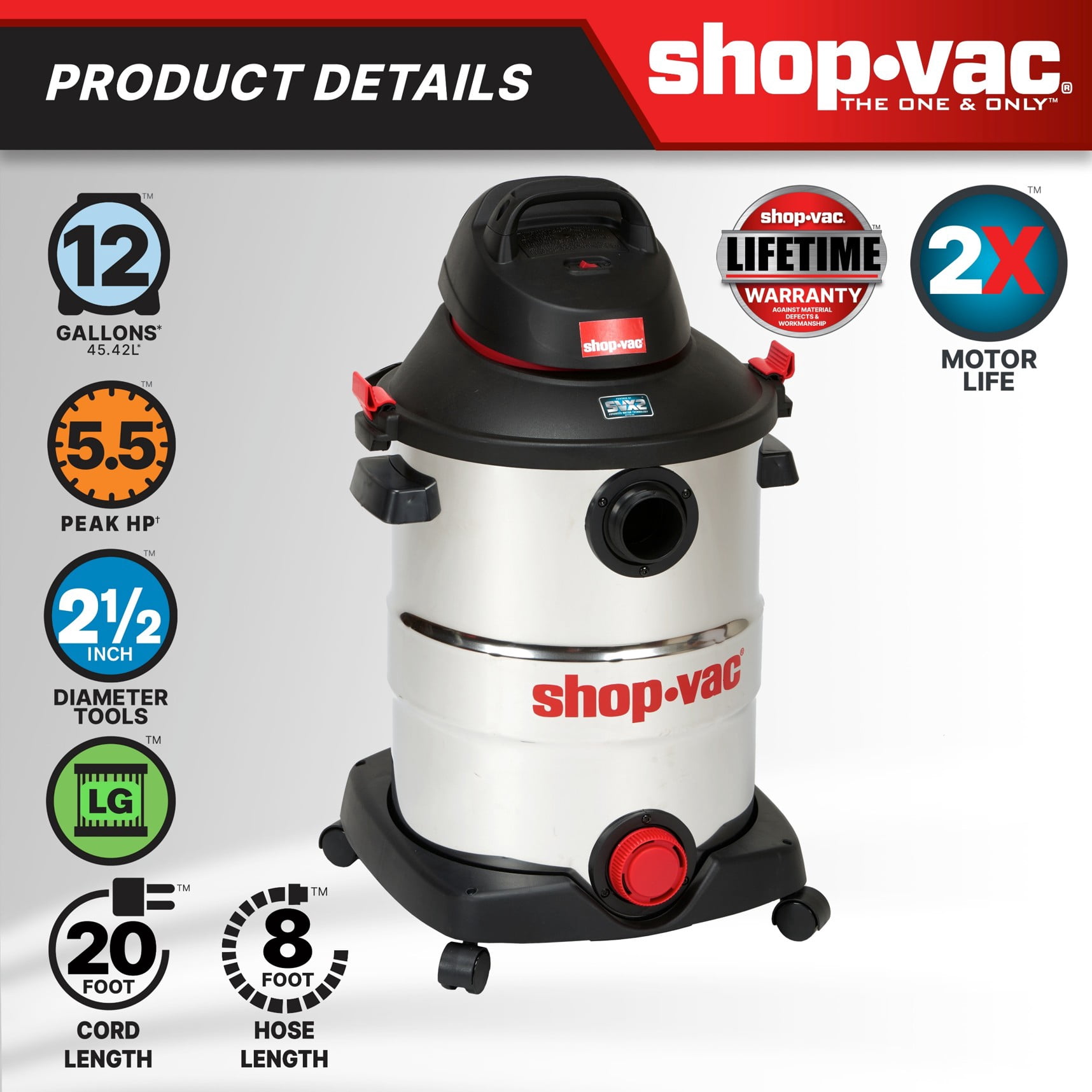 Shop-Vac 12 Gallon 5.5 Peak HP Stainless Steel Wet Dry Vacuum 5989505