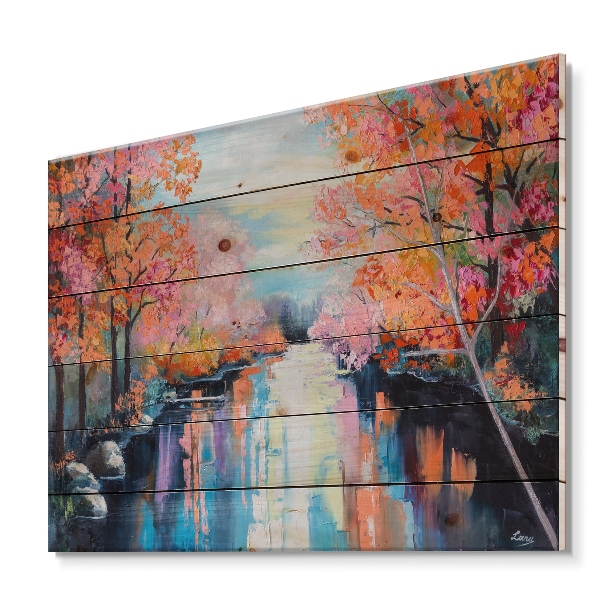 Designart 'The River Through Orange Autumn Forest' Lake House Print on Natural Pine Wood