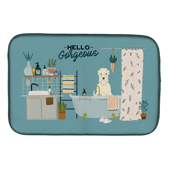 Soft Coated Wheaten Terrier in Bathtub Dish Drying Mat