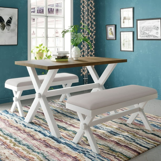 Piscis 3 Piece Dining Set Farmhouse Table With Upholstered Bench For Small Places Kitchen Room White And Beige Com Piscis 3 Piece Dining Set Farmhouse, Small Farmhouse Dining Table Set With Bench