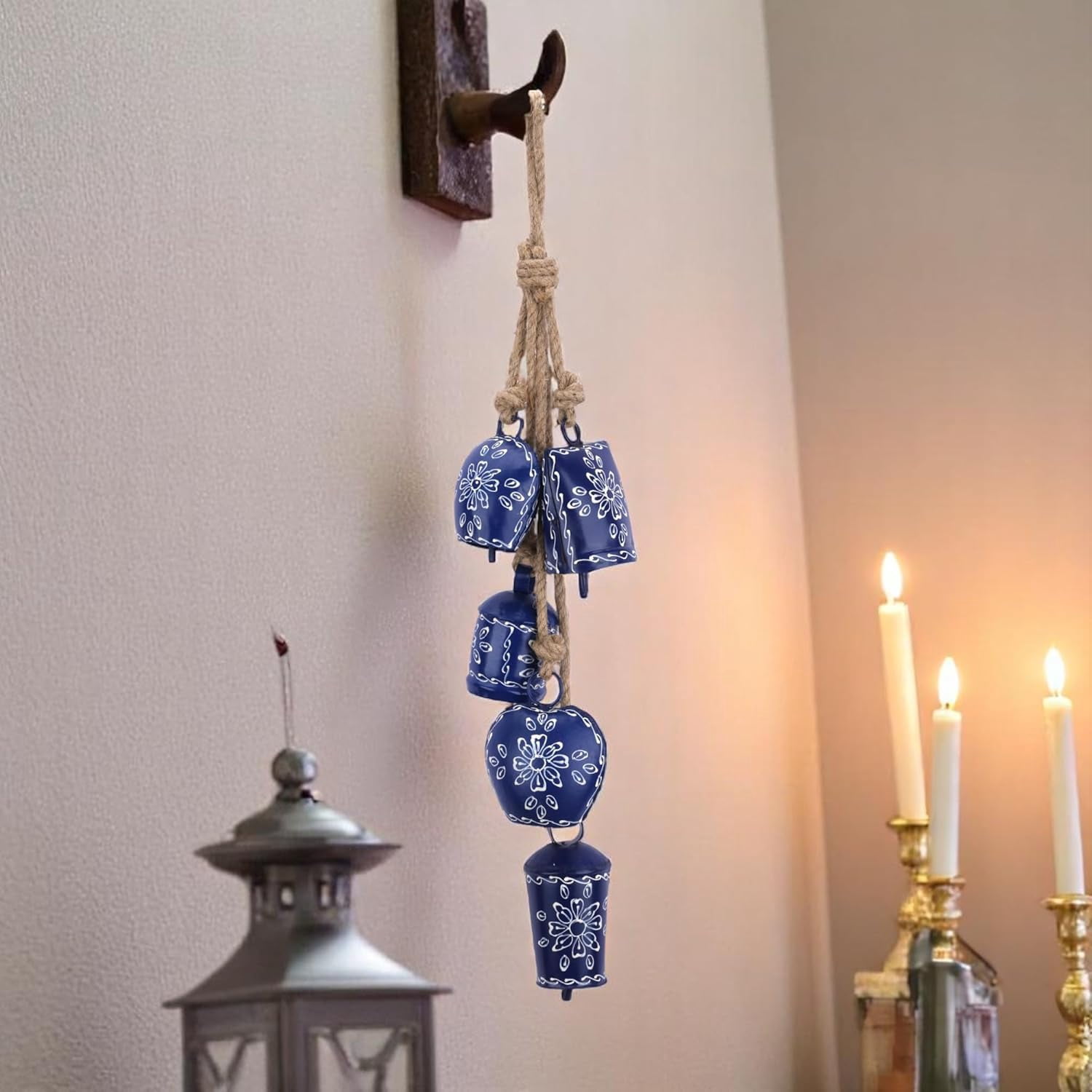 Vivanta Christmas Bell Wind Chime 25” – 5 Pcs Metal Jingle Bells on Jute Rope, Holiday Décor, Vintage Sleigh Bells Wind Chime for Door, Fireplace Mantel, Tree & Home Decoration (Blue)
