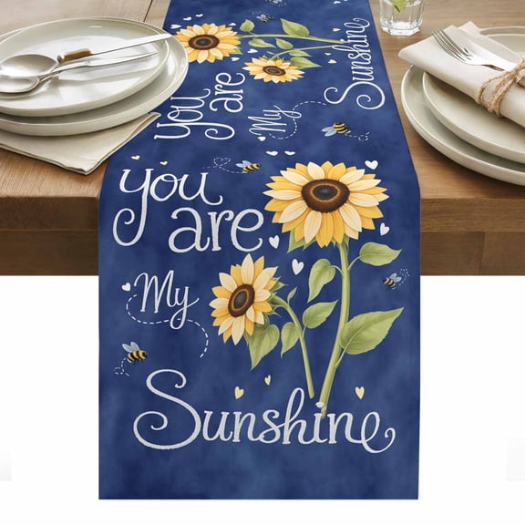 You Are My Sunshine Table Runner - 48 Inch Long, Kitchen Dining Table Runner Dresser Scarves, Yellow Sunflowers Cute Bees Heart Blue Farmhouse Decor for Coffee Tables Wedding Party Banquet