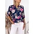 thumbnail image 2 of Mandarin Collar Elbow Sleeve Printed Button Down Blouse for Women Blue Large, 2 of 4