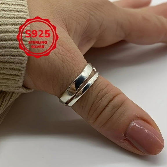 925 Silvery Double Layer Silvery Thick Stackable Adjustable Ring, Thumb Ring, Ladies Jewelry, Layered Band Ring, Gift for Ladies