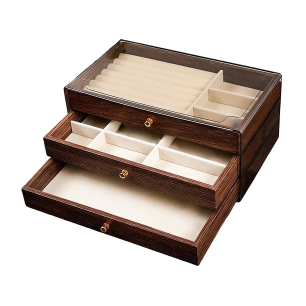 Joyero con bandeja de madera de 3 capas y forro suave, versátil y con compartimentos. Estilo C