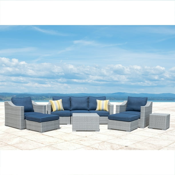 Corvus Martinka 9 Piece Grey Wicker Patio Furniture Set With Cushions Com Corvus Martinka 9 Piece Grey Wicker, Corvus 8 Piece Grey Wicker Patio Furniture Set With Blue Cushions