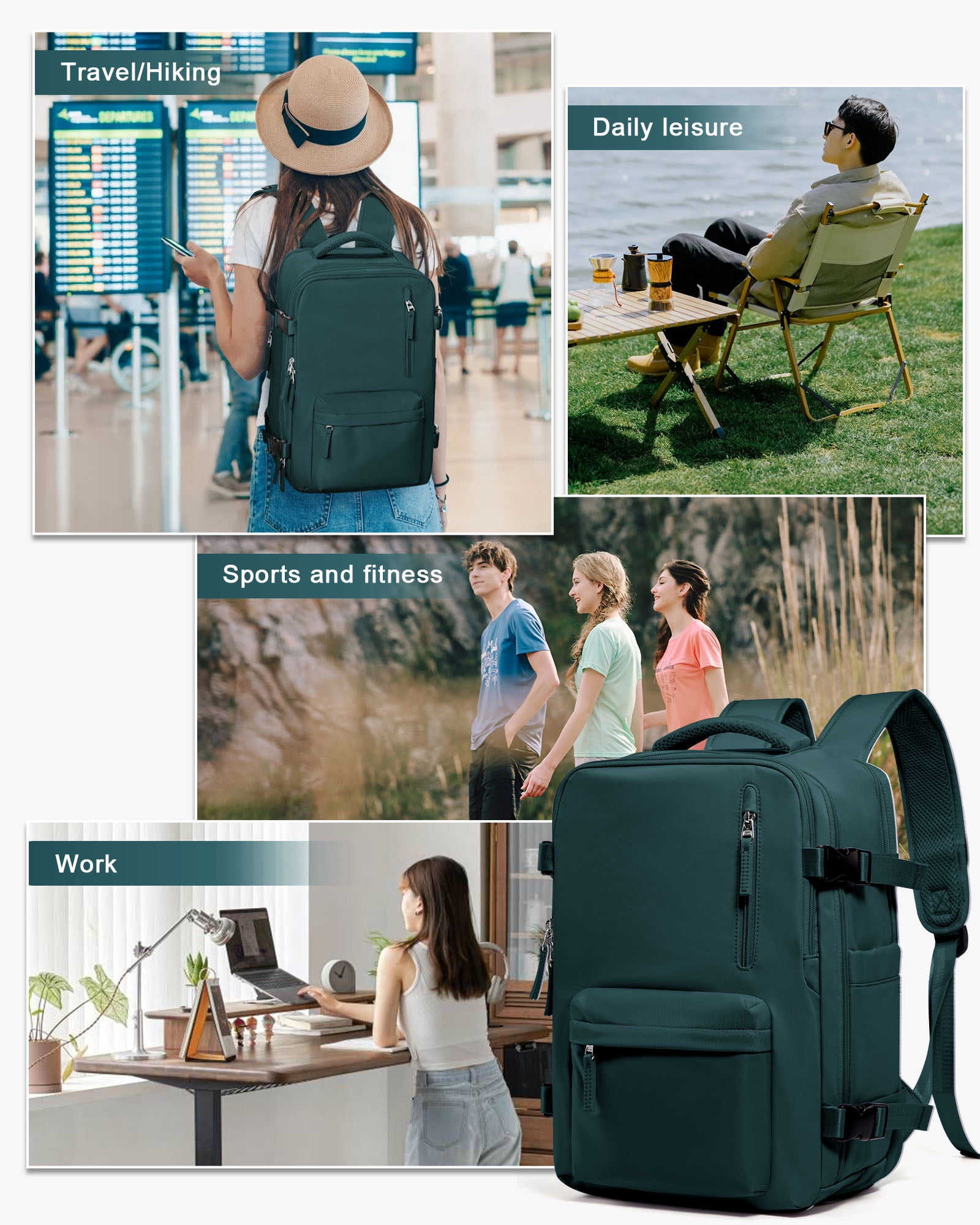 Women's Large Travel Backpack, Travel Backpack, Hiking Backpack, Waterproof Outdoor Sporty, Casual School Backpack, 14 Inch Laptop with USB Charging Port, Shoe Compartment