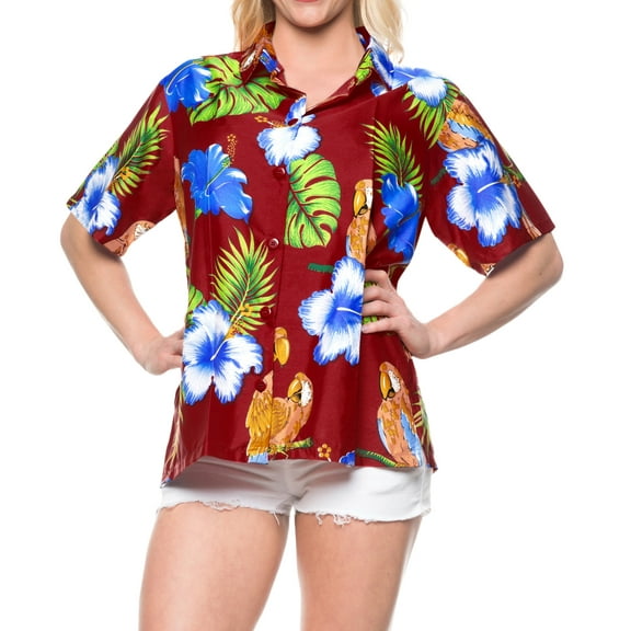 HAPPY BAY Button Down Shirt for Women Casual Summer Beach Party Blouse Shirt Tropical Colourful Blouses Button up Short Sleeve Hawaiian Dresses for Women XL Floral Parrot, Red